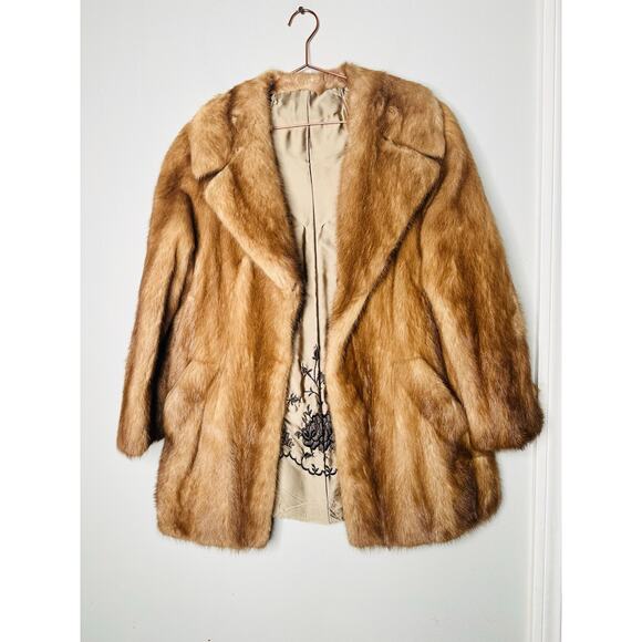 VINTAGE MINK FUR Authentic Brown Tan Embroidered Floral Lining Coat Size M/L - Picture 1 of 14